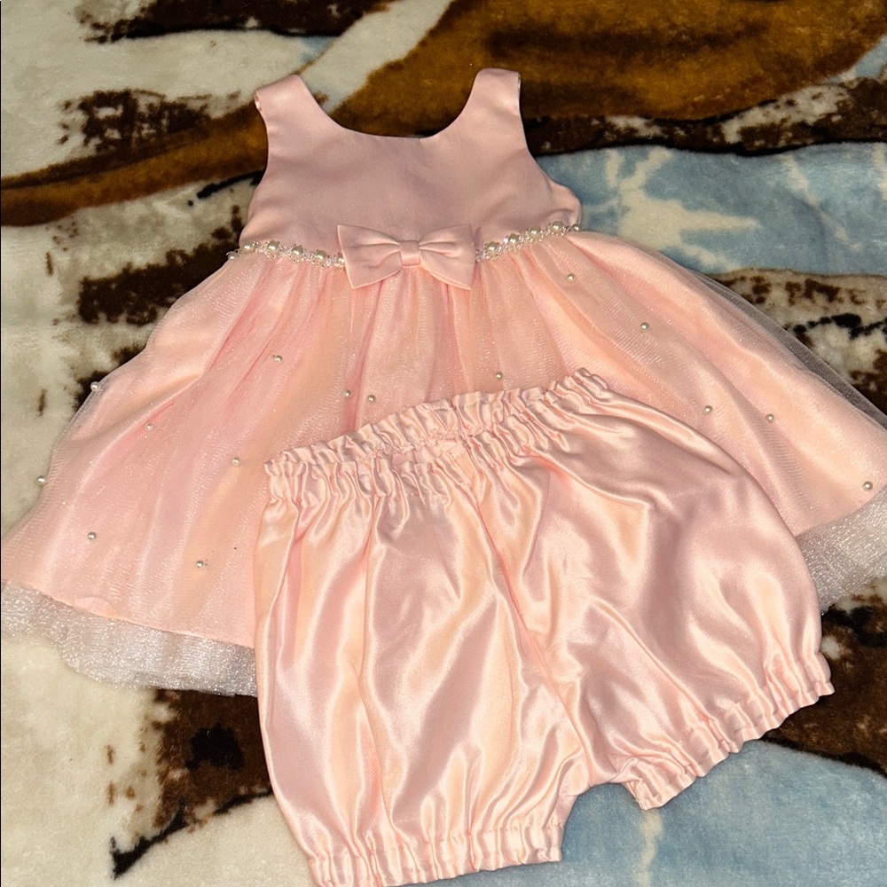 Pink Baby Dress with Bow and Bloomers
